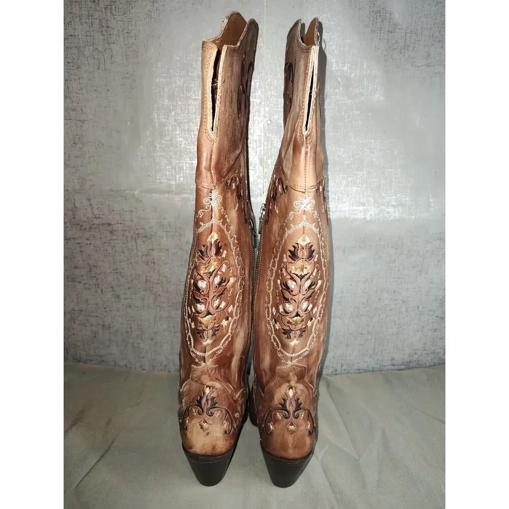 Dan Post Jilted Knee High Flower Embroidery Western Boots Sz 8.5M